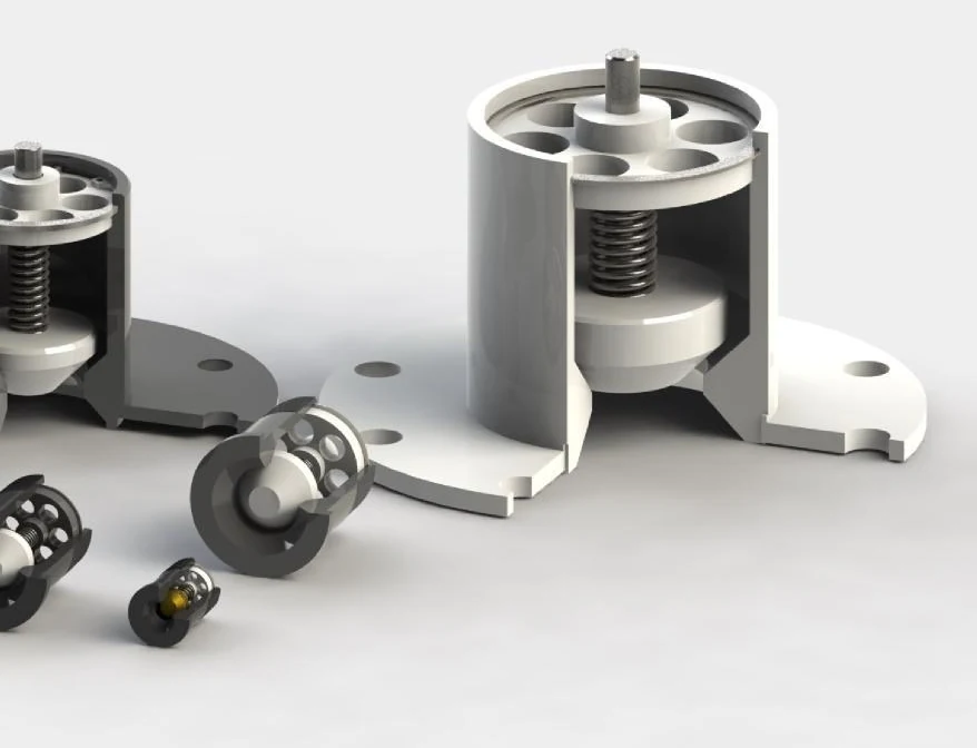 Cutaway rendering of the Water Flow Management device showing its internal flow geometry and oscillation assembly