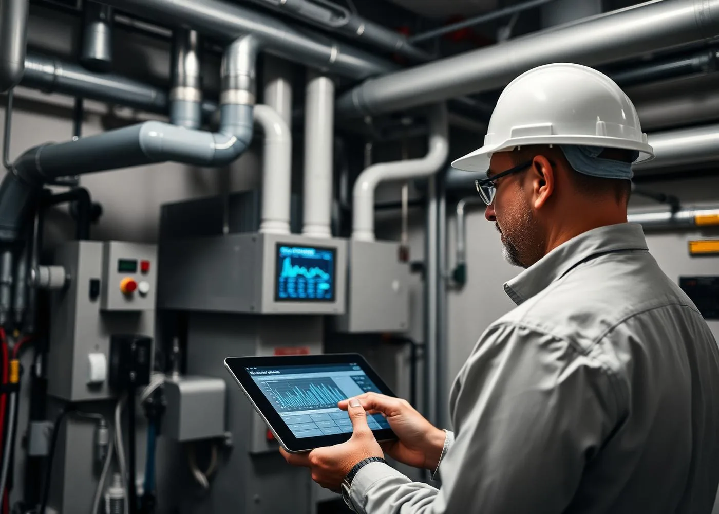 Facility engineer analyzing building systems and performance data in a mechanical room