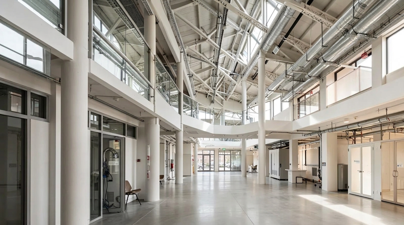Modern commercial facility interior with visible structural and mechanical systems