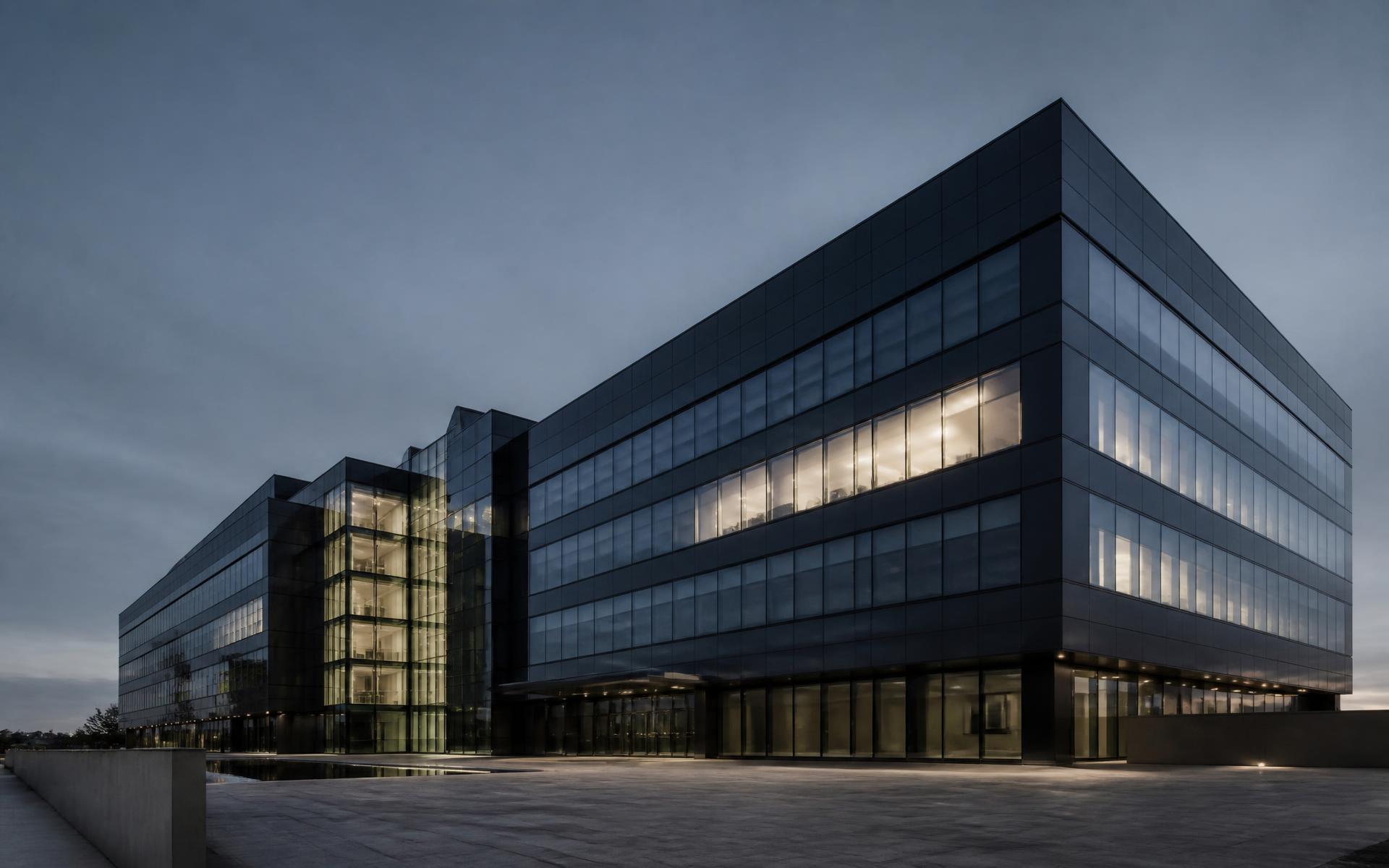 Modern commercial office building at dusk with lit interior floors